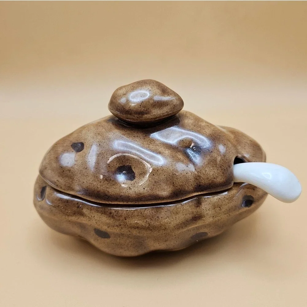 Vintage 1980 LLJ Signed Ceramic Potato Condiment Jar Sugar Bowl with Spoon Brown